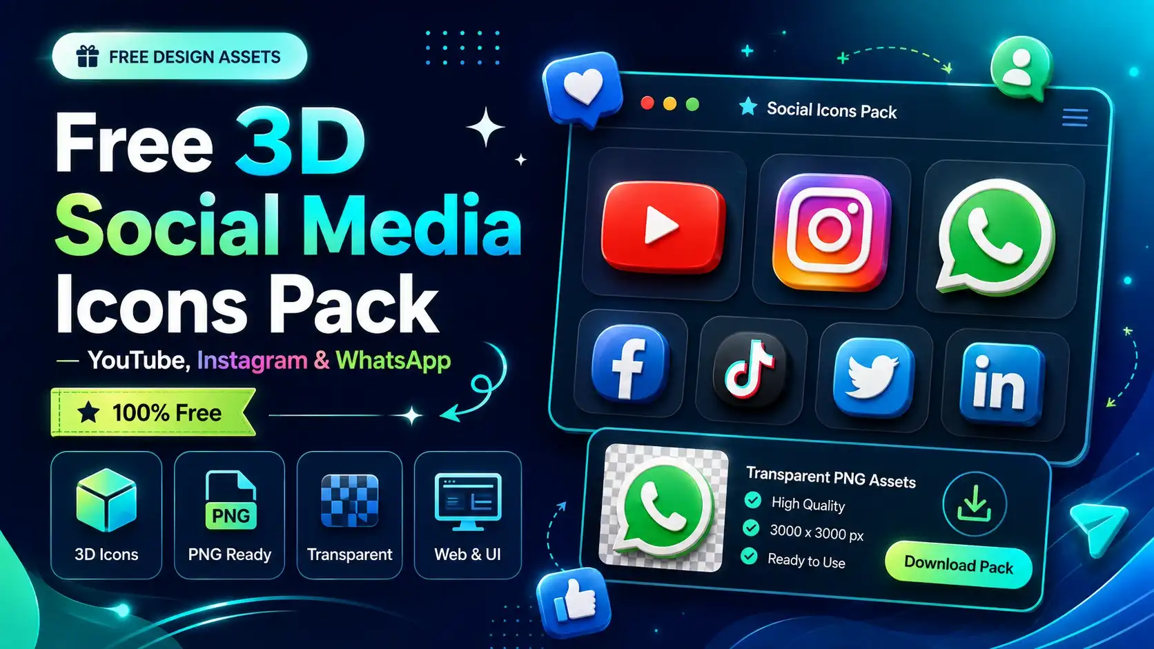 Free 3D Social Media Icons Pack: YouTube, Instagram, WhatsApp & Phone 3D Icons